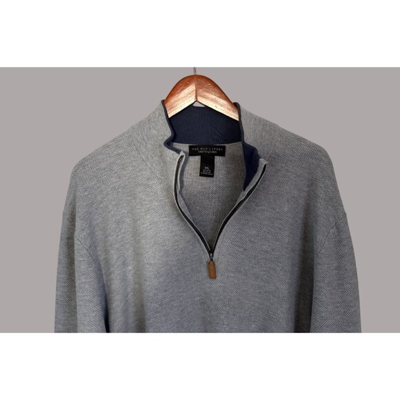 Bloomingdales Mens Gray 1/4 Zip Sweater XXL Genuine Leather Trim Cotton - Picture 3 of 6